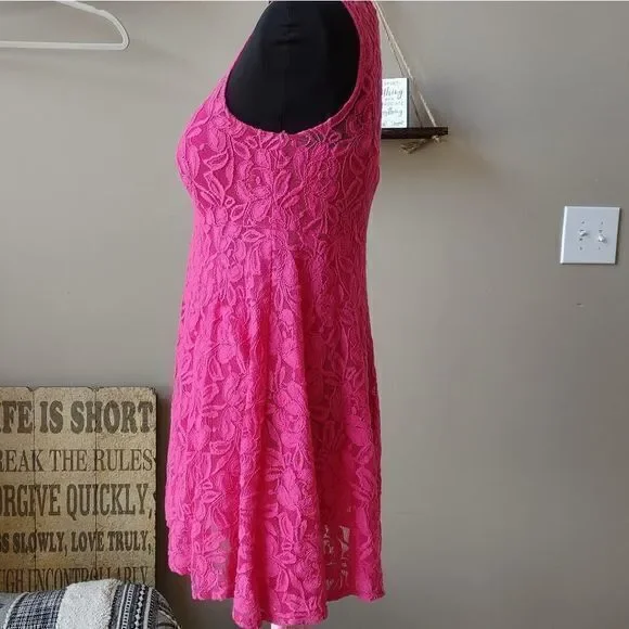 Free People Bright Pink Double Mini Dress with Detachable Lace Outer Dress No Sz - Picture 3 of 11